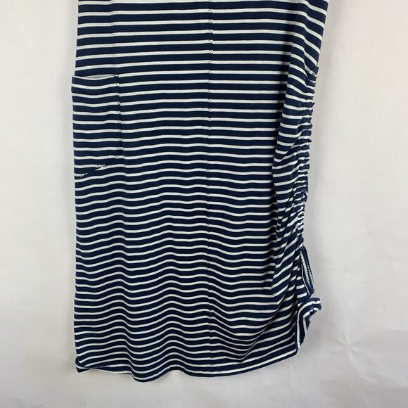 Toad & Co Women Samba Muse Ruched Midi Dress Sz Large Navy Blue Striped Coastal - Picture 8 of 12